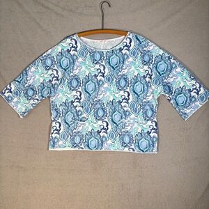 Fresh Produce Utility Top Size M/L Blue Medallion Print 3/4 Sleeve Made in USA